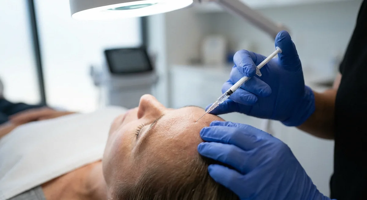 Aplicação de toxina botulínica em consultório de estética, foto ilustrativa de banco de imagens