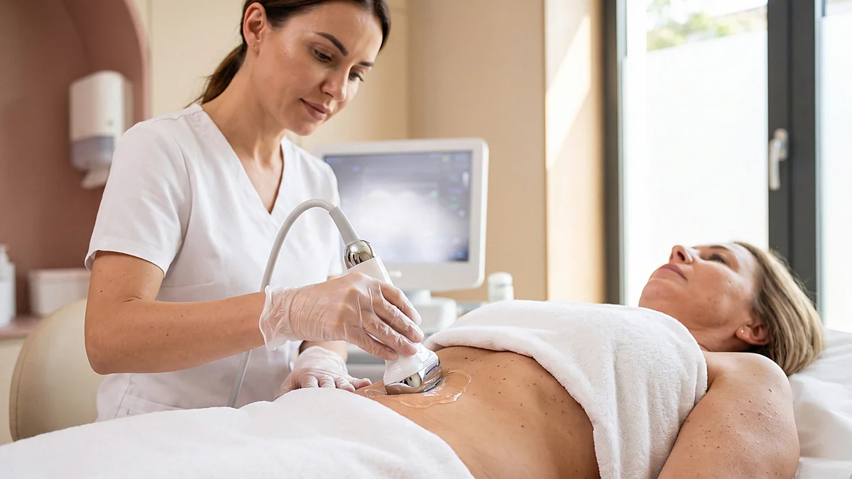 Procedimento de estética corporal avançada em clínica, foto ilustrativa de banco de imagens
