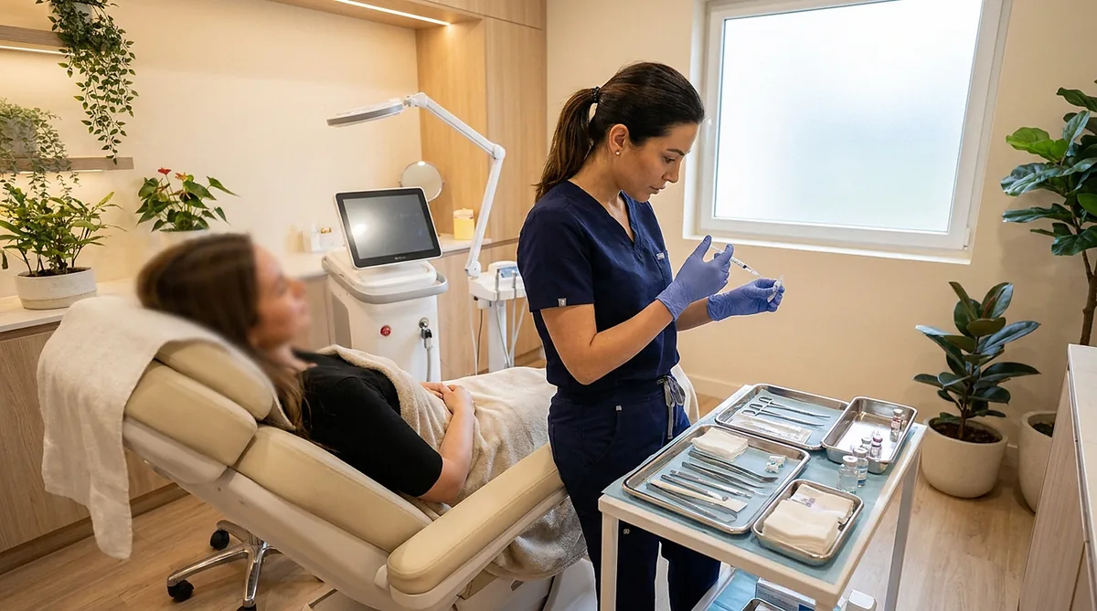 Profissional de estética aplicando procedimento de harmonização facial em ambiente clínico, foto ilustrativa de banco de imagens